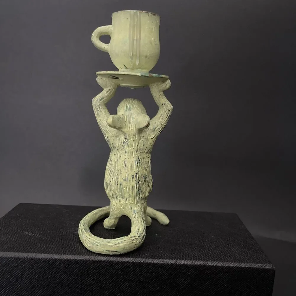 Painted Solid Brass Mouse w teacup Candle Stick Holder- 5-1/2